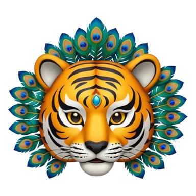 Create an animation emoji of the Ponorogo Reyog from East Java, namely the tiger mask with the peacock dance, which is a typical Ponorogo dance. Above and behind the tiger's head is a peacock's head spreading its tail.  sticker