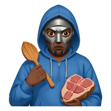 MF DOOM in a blue hoodie holding a piece of meat sticker