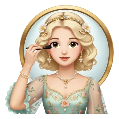  Middle Eastern-inspired moment of a woman getting ready in front of a mirror. She wears a delicate floral dress with sheer, flowy sleeves, accessorized with gold jewelry and traditional pearl-adorned hair clips. Her  as she applies mascara, her reflection revealing a soft smile.  sticker