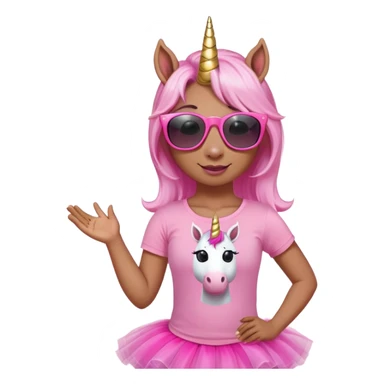 friendly anthropomorphised female unicorn with horse-like face, in tutu and pink t-shirt, wearing dark sunglasses, relaxed pose, close-crop head and shoulders sticker