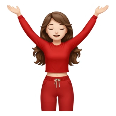 crie uma menina branca com cabelos castanhos longos ondulados, uma roupa de calça e blusa de manga curta na cor vermelho, com braços juntos para cima, olhos fechados e perna levantada sticker
