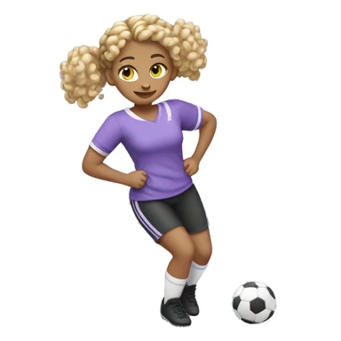 BLONDE GIRL WITH CURLS PLAYING FOOTBALL SMILING WITH BRAIDS WITH LILAC AND BLACK T-SHIRT WITHOUT STRIPES FULL BODY WITH A BALL sticker