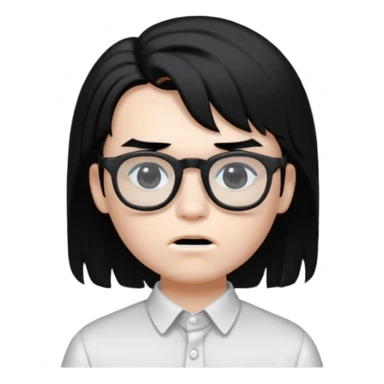 A boy with white skin, very black hair, type of cut: a big mullet, black eyes, black square glasses, white blouse and piercing in the mouth sticker