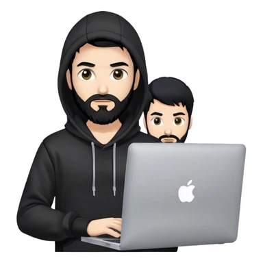 hackeur blanc cheveux noir barbe et capuche noir avec un macbook sticker
