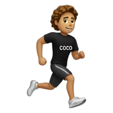 white person running with a black tshirt ans the word COCO in white sticker