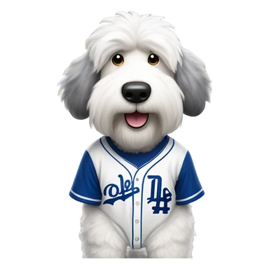 Old English Sheepdog full height wearing a Los Angeles dodgers baseball jersey sticker