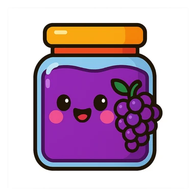 cartoon style grape jelly, bright purple, cute face on the jar sticker