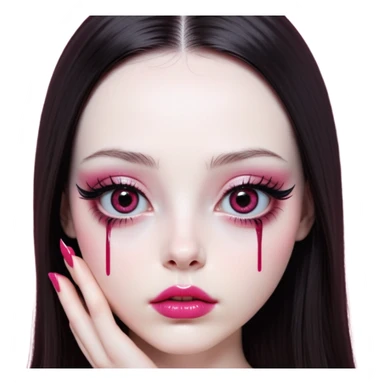 girl with white skin, dark brown long realistic straight hair with middle part prominently falling in front of her body over her shoulders, lips with reddish-pink shiny lip gloss and absolutely no cupid's bow, big round eyes with very black shiny eyeballs and natural long eyelashes, absolutely no eye makeup, no eyeshadow, no eyeliner, completely bare eyes, light pink blush on cheeks, lighter button nose, exceptionally elongated very long oval-shaped face, wearing a pink off-shoulder top, looking directly at camera with hands down at sides sticker