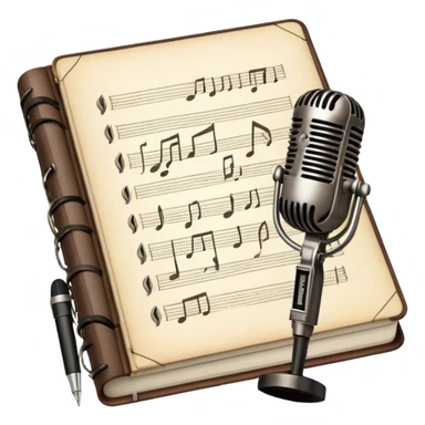 Create an emoji representing songwriting. The design should feature an open notebook or sheet music with visible lyrics between the musical notes, symbolizing the process of writing song lyrics. The text between the notes should be clearly visible. A pen or pencil should be placed near the notebook, indicating active writing. Optionally, include a single vintage microphone lying beside the notebook (not on the music notes) to add a creative touch. Use a harmonious color palette with warm and neutral tones. Do not include any emojis or smiley faces. Make the background transparent. sticker