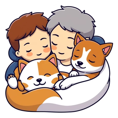 Create a short hair gray hair girl and a brown hair boy sleeping cuddling with a shiba and a Yorkshire terrier and a jack Russel terrier  sticker
