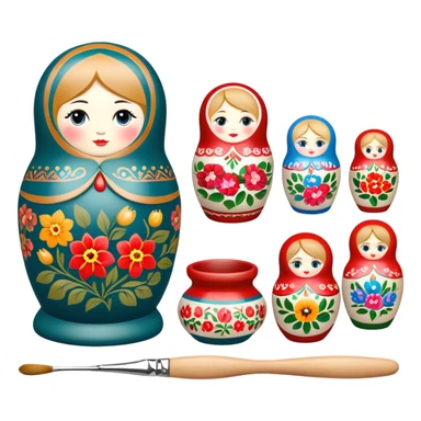 Russian nesting dolls (matryoshka) painting icon, several dolls of different sizes being hand-painted with traditional floral patterns, paintbrushes, small pots of paint, and carving tools nearby, visible process of decoration, minimalistic style, clean lines, transparent background. sticker
