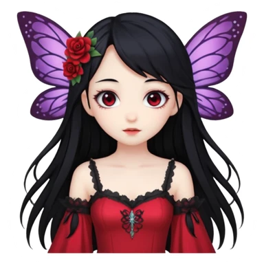 Gothic anime fairy with long beautiful black hair and red dress, pastelcore, sticker