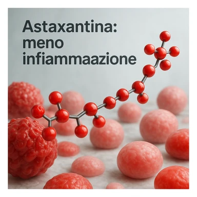 hyper realistic red astaxanthin molecule reducing inflammation, calming red cells, clinical atmosphere, realistic details, text 'Astaxantina: meno infiammazione' sticker