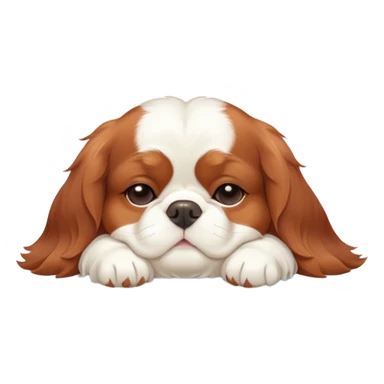 Cinematic Chubby Sleeping Cavalier King Charles Spaniel Portrait Emoji, Chubby and serene, with a round, endearing build and a plush, silky coat of rich chestnut and white, eyes gently closed in peaceful slumber, Simplified yet irresistibly endearing features, highly detailed, glowing with a gentle, dreamy glow, high shine, relaxed and content, stylized with a touch of whimsy, bright and heartwarming, soft glowing outline, capturing the essence of a blissfully sleepy companion, so comically serene it feels like it could roll out of the screen and snore with adorable charm! sticker