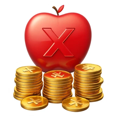 Apple emoji style, glossy 3D icon a red prohibition symbol (🚫) over a stack of shiny golden coins. The coins have soft reflections, rounded edges, and a small red X embossed on the top coin sticker