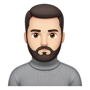 Man with square face, trimmed full beard, thick eyebrows, short dark hair combed back. Serious-neutral expression. Light gray thick knit sweater with folded collar. sticker