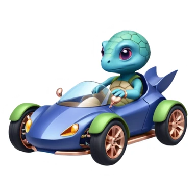 dark crystal blueberry and rosegold-accented cyber faceted-body electric racing car driven by a small cute alien relaxed turtle with rear spoiler, roll bar, and wheely bar sticker