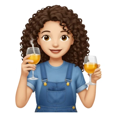 Curly haired curl with long dark brown hair and light skin in overalls toasting with alcohol  sticker