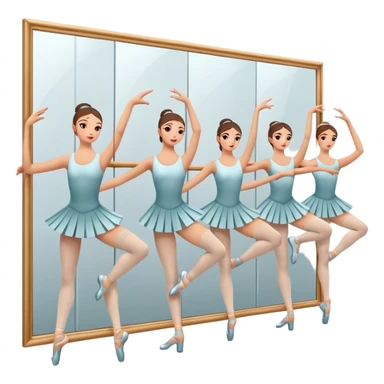 Icon for Choreography: a group of dancers in identical poses, standing by a wall with all wall long mirror, holding a long barre with one hand. The icon should capture the discipline and synchronized movement of dance training. Transparent background. sticker
