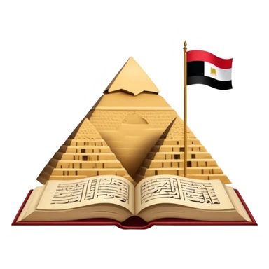 An icon featuring the Pyramids of Giza and the flag of an Arabic-speaking country, symbolizing the Arabic language. The design includes an open book with Arabic script and calligraphy, representing language learning and cultural heritage. Transparent background sticker