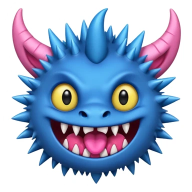 A blue monster with two small black horns, spiky fur, large round yellow eyes, a wide grin showing sharp teeth, and its tongue playfully sticking out to the side. sticker