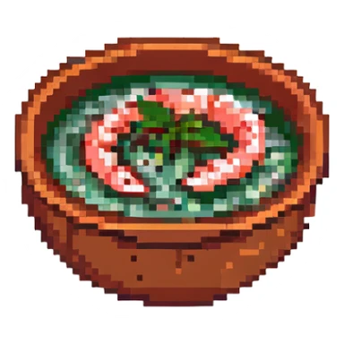 tom yum soup, pixel art, small bowl with red broth, shrimp, and green herbs, retro game vibe sticker