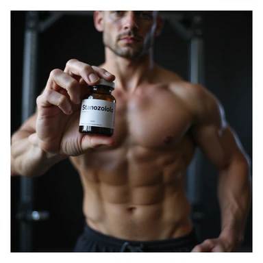 realistic photo of a crossfit athlete holding a vial labeled 'Stanozololo' in the foreground, visible muscles, neutral atmosphere, gym background sticker