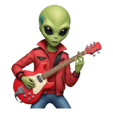 guitar rock player, aliens head, red jacket sticker