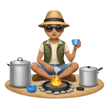 A man camper boiling water on a portable stove, enjoying the outdoor breeze sitting on the ground
 sticker