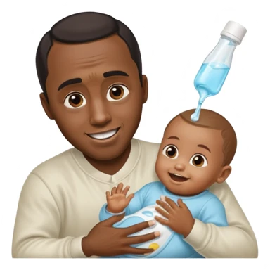 Sean “Diddy” Combs with baby oil and a very small infant and he’s pouring the baby oil on the baby and they have a scared face they’re really scared while diddy is happy sticker