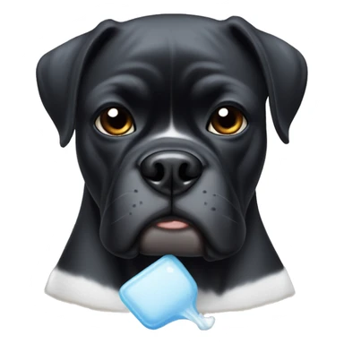 black boxer dog with some white on face making sad eyes with an ice pack on her head and thermometer in her mouth sticker