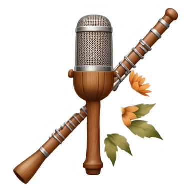 Create a traditional and warm emoji representing folk singing, using a humanless collage. The design should feature a rustic wooden microphone or an old-fashioned folk instrument like a balalaika, gusli, or a domra, placed alongside traditional elements such as a hand-woven scarf or a wooden flute. Include natural, earthy details like wildflowers, musical notes, and rustic textures, evoking the feeling of folk music in its purest form. Use warm, earthy colors like brown, gold, red, and green to create a cozy and organic vibe. The background should be transparent. sticker