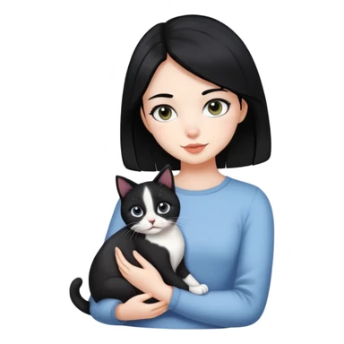 A pretty girl with black hair holding her black and white cat sticker