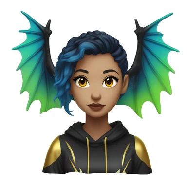 Lady with brunette and iridescent blue hair, gold, lime green dragon wings, black hoodie, bleach dyed, black and gold Nike t shirt, and bright red eyes sticker