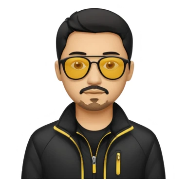 A man with middle part black hair sunglasses with yellowish glasses And black jacket. Goatee short black beard sticker