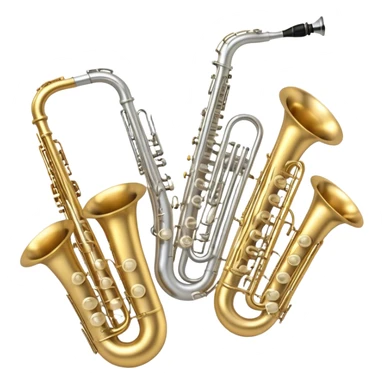 Create a professional, harmonious emoji collage symbolizing wind instruments.  The instruments should be in metallic gold, silver, and brass tones, with subtle reflections to convey a professional and polished appearance. Add soft musical notes or soundwaves to surround the instruments, creating a sense of movement and sound. The background should be transparent, ensuring all instruments are the focus and the composition remains harmonious and balanced. sticker
