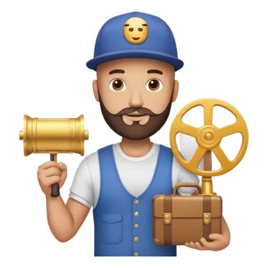 Strong bald man with beard and snapback, giant Instagram reel icon, stack of golden documents, trophy, minimal emoji sticker