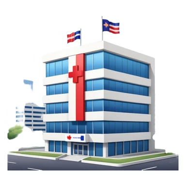 Hospital building with Thai flag waving, red cross medical symbol, Thailand flag with red white blue stripes sticker