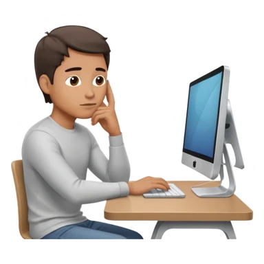 emoji of a man sitting at the table with an imac on it, a man is sitting in a very thoughtful pose, he has his hands on the table and his head resting on themб he look into the screen of imac sticker
