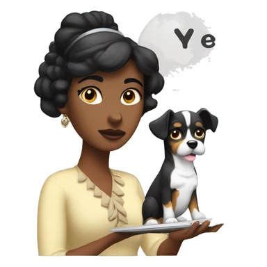 A woman with thick eyebrows and black hair, wearing a dog hairband, has a MacBook placed in front of her. Inside the speech bubble she is thinking about is a palette and brush. sticker