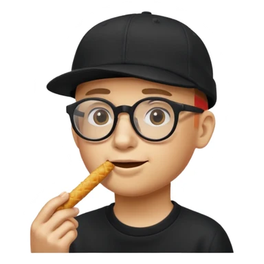 num num eatting hashbrown sticks with a plain black cap and glasses no hair add the words Rollin' 18 to hat sticker