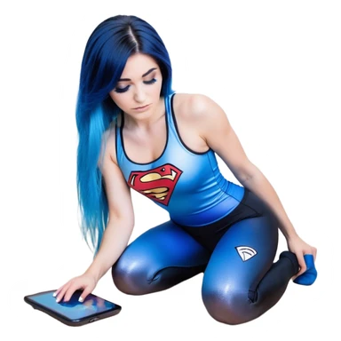 Disapponted-big tears-head back texting on phone-very very large upper body-sexy face-bending forward at waist-very long very straight dark blue to light blue ombre hair-and-blue eyes-thick black eyeliner-long eyelashes-iridescent blue lowcut tanktop with black leggings with glitter superman logo sticker