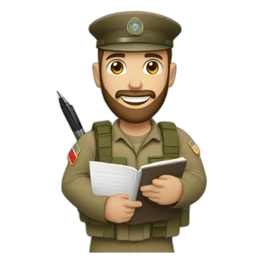 pale brown bearded IDF soldier happy holding notebook and pen sticker