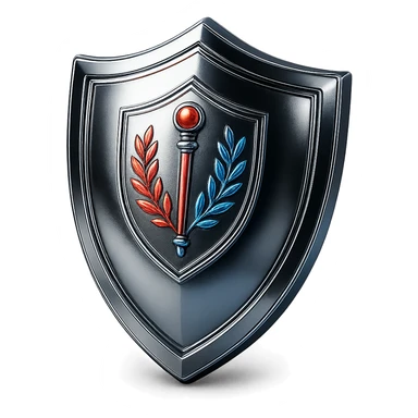 Add striking color accents to the chrome shield with staff emblem, keeping the shiny metallic chrome style as the base with colorful highlights. sticker