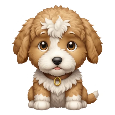 Small white mini goldendoodle puppy with light brown spots around his eyes and light brown ears sticker
