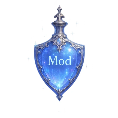 luxurious crystal elixir bottle in shield shape, color #7986cb, ornate silver and iridescent details, magical glowing and sparkling effects, very small neck, seamless bottom, transparent background, bottle floating in air, no base or shadow, modern, collection style, the word 'Mod' written on the bottle sticker