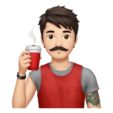 generate an ios genmoji of a fair 20 year guy with black mustache, messy mullet hairstyle, drinking takeaway coffee. wearing a sleeveless red tshirt sticker