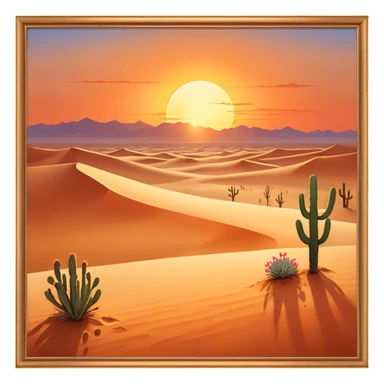 Cinematic Realistic Desert Emoji in a frame, Expansive and arid, with vast stretches of golden sand dunes and scattered cacti, the sun casting a warm, almost orange glow over the dry, cracked earth. The horizon blurs into a heat shimmer, while the occasional desert flower adds a splash of color to the barren landscape. Soft glowing outline, capturing the essence of the harsh yet stunning beauty of the desert, calm and quiet, filled with silence and mystery. sticker