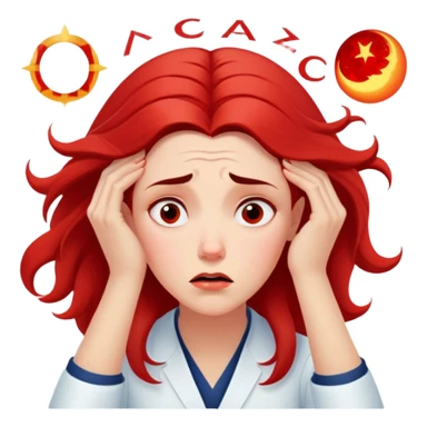 A Pixar-style sticker of an anxious female astrologer based on the reference photo, staring at an eclipse calendar, pulling her hair, floating red zodiac signs behind her, exaggerated worried expression, white background sticker