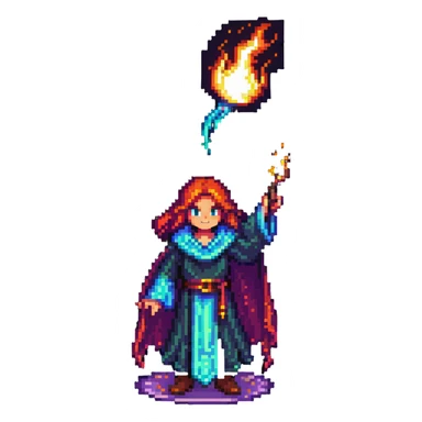 pixel art character casting a magic spell with glowing effects sticker